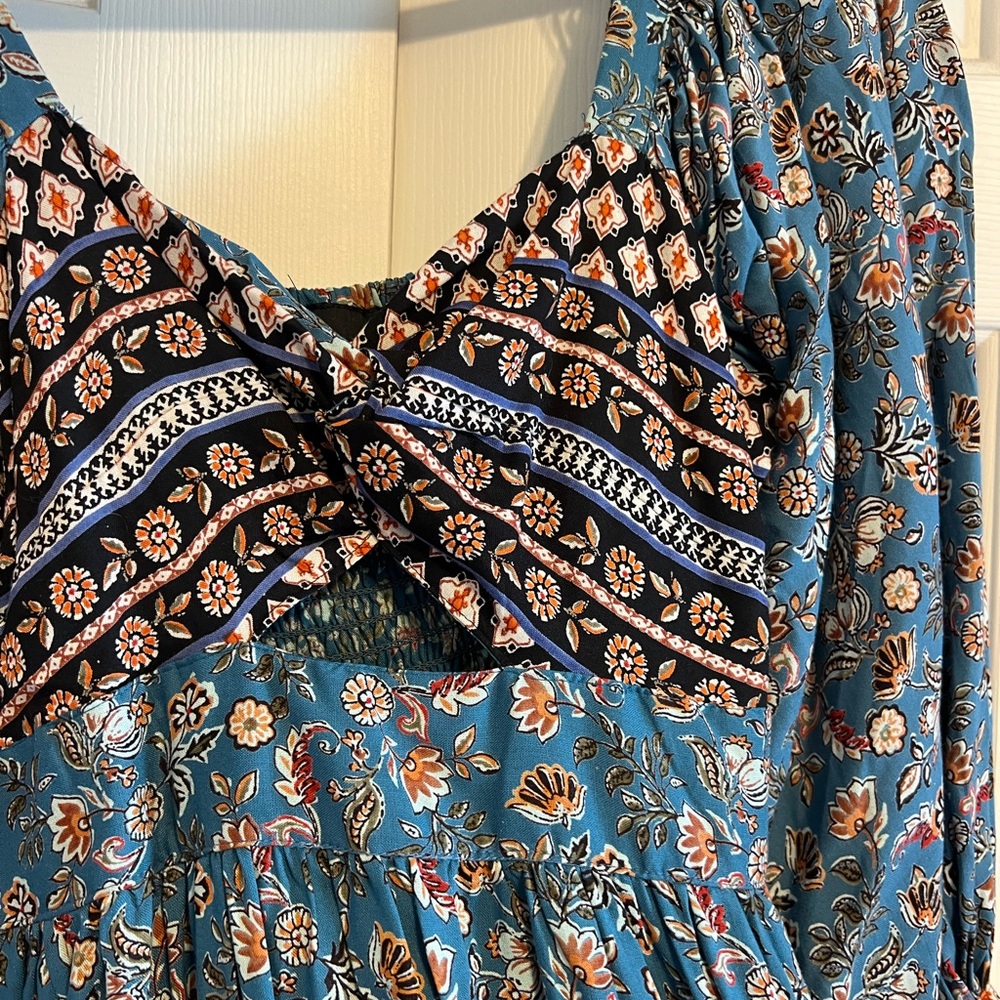 Angie Teal Floral Long Sleeve Maxi Dress with Patterned Bodice - Picture 3 of 4